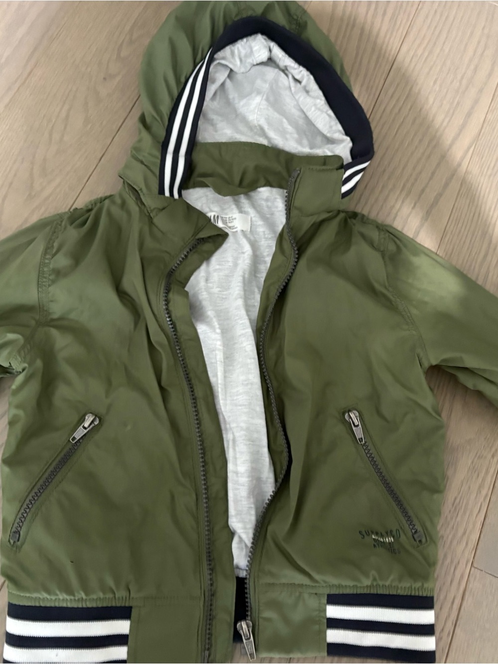 H&M Olive Green Hooded Kids Jacket with Striped Trim